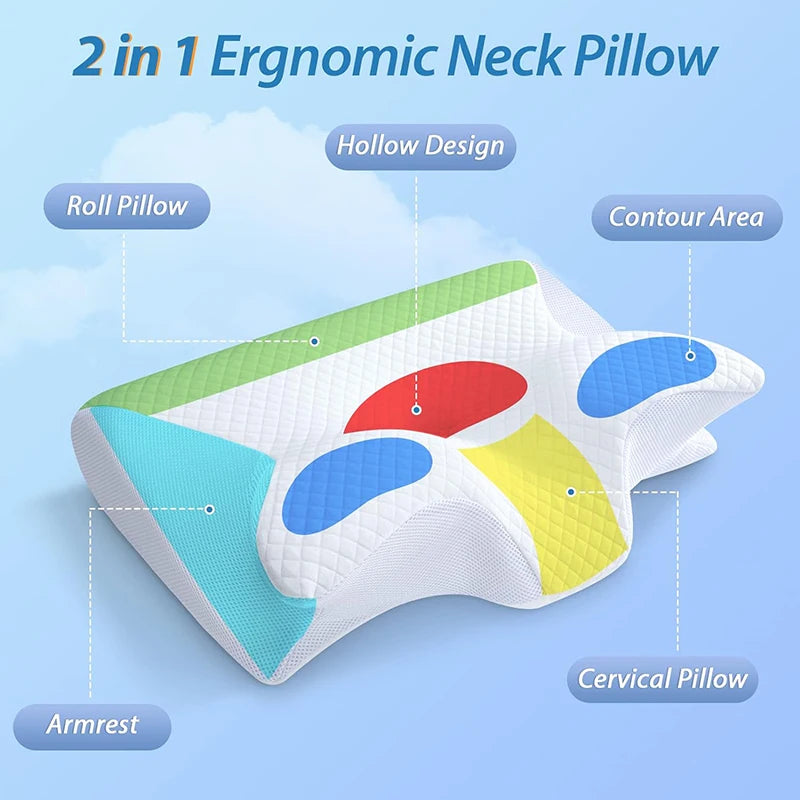 1Pc Memory Foam Cervical Pillow, 2 in 1 Ergonomic Contour Orthopedic Pillow for Neck Pain, Contoured Support Pillows,Neck Pillow